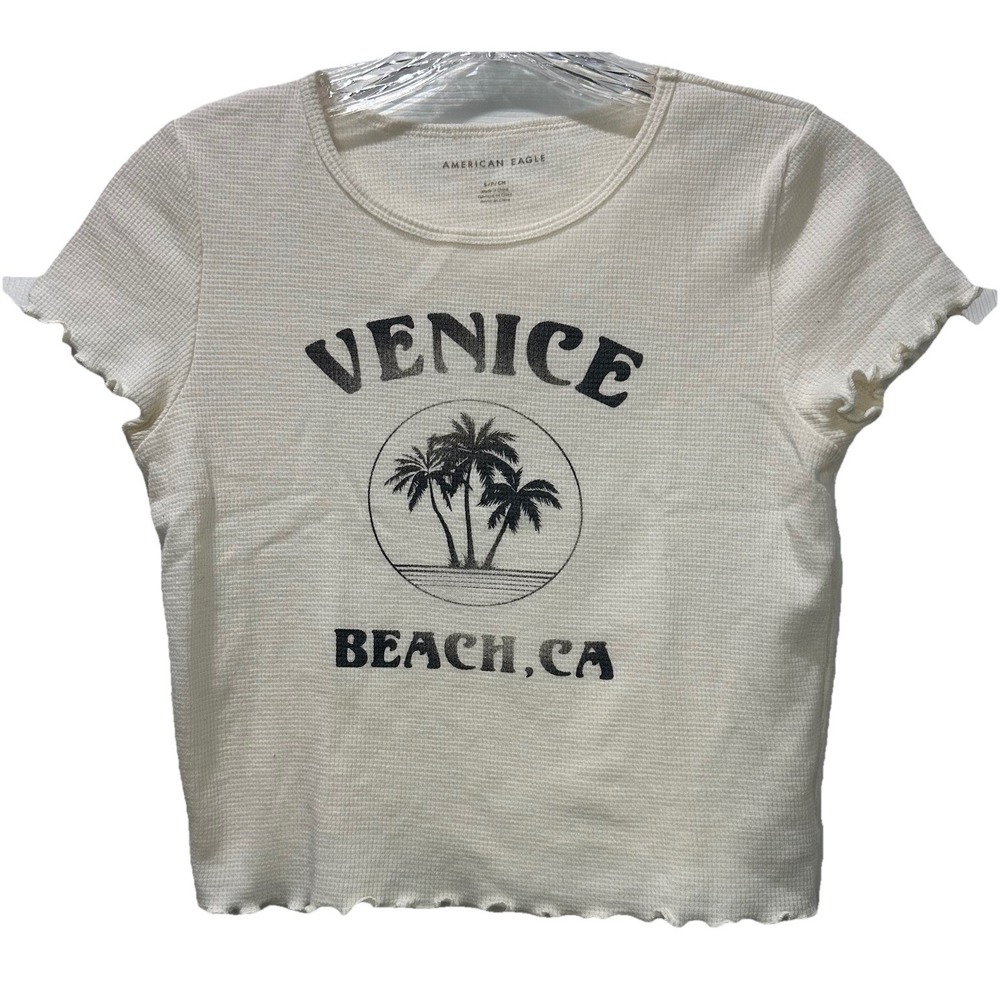 Y2K American Eagle Women's Cropped Short Sleeve Venice Beach Graphic‎ Top Size S